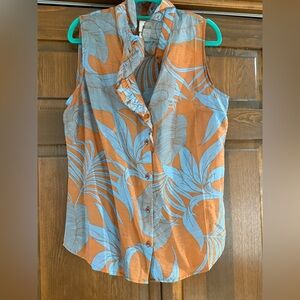 CAbi Orange and Blue Leaf Print Blouse